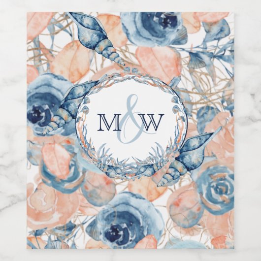 Nautische Bruiloft Strand Zee Shell Flowers Wijn Etiket (Enkel label)