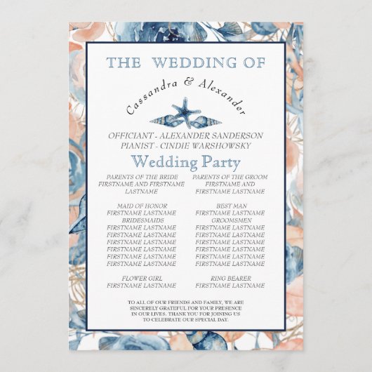 Nautische bruiloft strand zeeschelp en Rozen, Programmakaart (Achterkant)