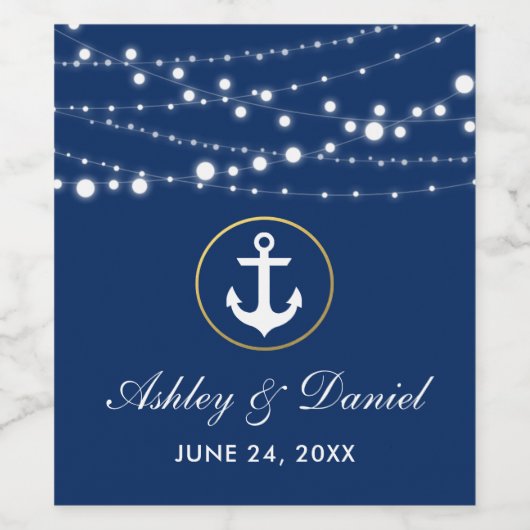 Nautische Bruiloft String Lights Marine Blauw Goud Wijn Etiket (Enkel label)