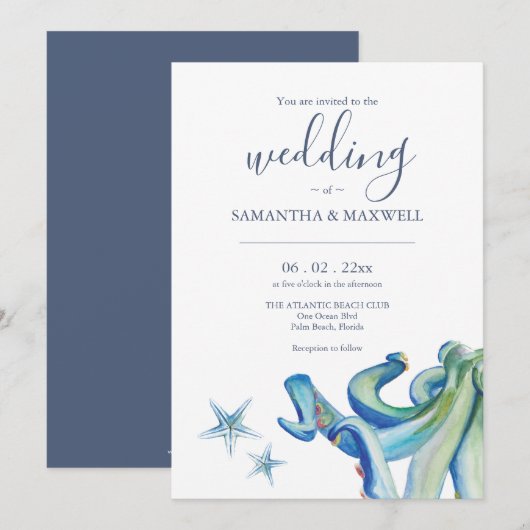 Nautische bruiloft uitnodiging Sjablonen Blauwe Oc (Voorkant / Achterkant)