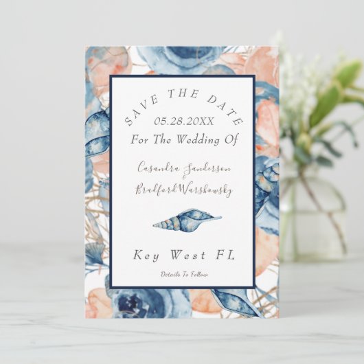 Nautische Bruiloft Waterverf Zeeschelpen Rozen Kaart (Staand voorkant)