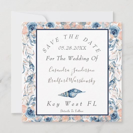 Nautische Bruiloft Waterverf Zeeschelpen Rozen Save The Date (Voorkant)