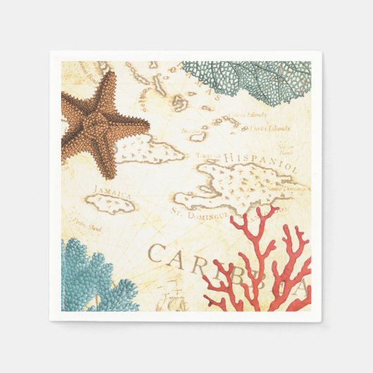 Nautische Caribische Zeesterren Rustieke Kaart En  Servetten (Voorkant)
