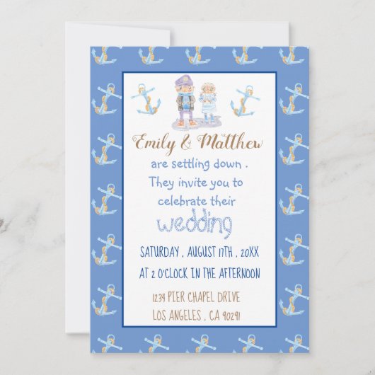 Nautische Cartoon Blauw Wit en Gouden Bruiloft Kaart (Voorkant)
