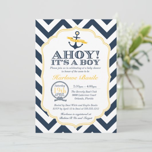 Nautische Chevron Baby Boy Douche Uitnodiging (Staand voorkant)