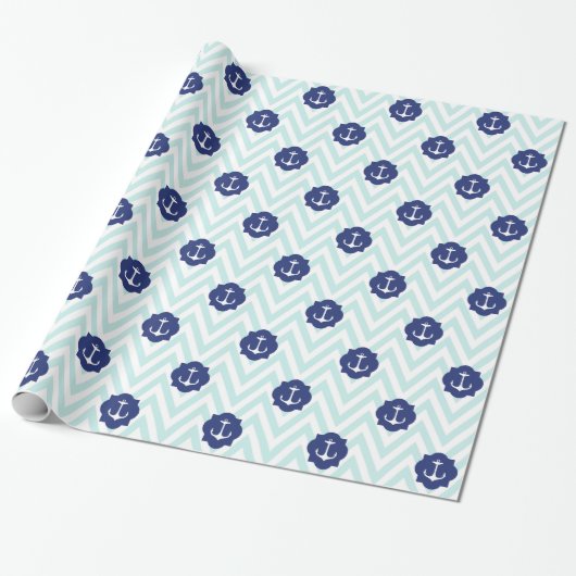 Nautische Chevron Navy blauw ankers patroon Cadeaupapier (Uitgerold)