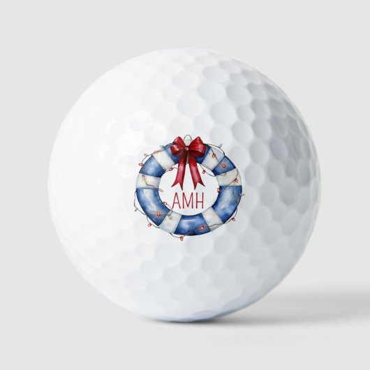 Nautische Christmas Life Preserver Krans Monogram Golfballen (Voorkant)