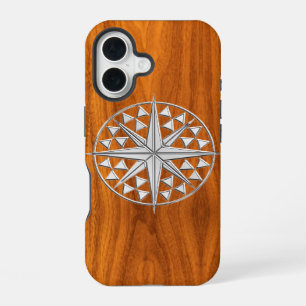 Nautische Chrome Ster Kompas op Teak Houten Print iPhone 16 Hoesje