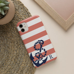 Nautische Coral Stripe & Navy Anchor Monogram iPhone 16 Hoesje
