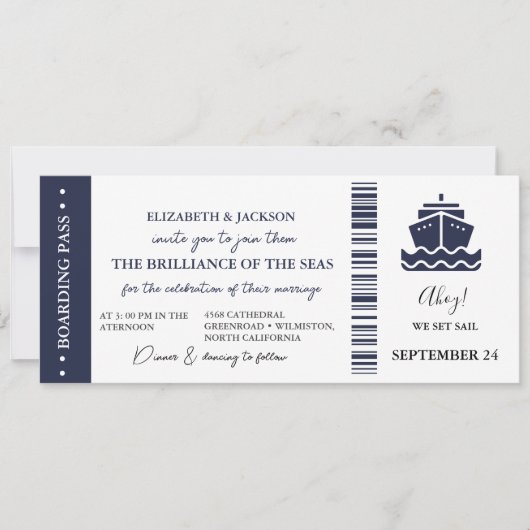 Nautische Cruise schip Boarding pass bruiloft Kaart (Voorkant)