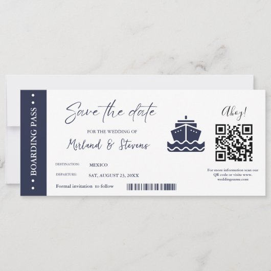 Nautische Cruise schip Boarding pass bruiloft Save The Date (Voorkant)
