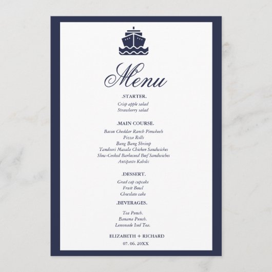 Nautische Cruise Schip Boot bruiloft Menu (Voorkant)