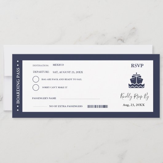 Nautische Cruise Ship Boarding Pass bruiloft RSVP Kaart (Voorkant)