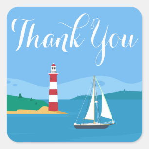 Nautische Dank Je Wel Vuurtoren & Zeilboot Blauw Vierkante Sticker