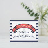 Nautische dank u Navy Blue Stripe Anker Wedding Briefkaart (Staand voorkant)