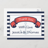 Nautische dank u Navy Blue Stripe Anker Wedding Briefkaart (Voorkant / Achterkant)