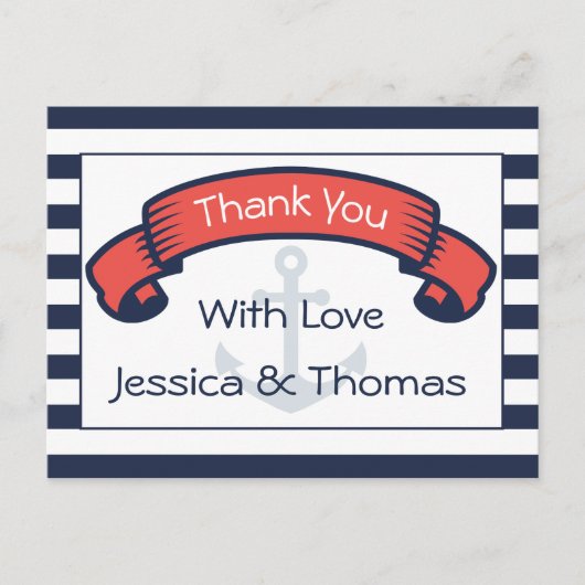 Nautische dank u Navy Blue Stripe Anker Wedding Briefkaart (Voorkant)