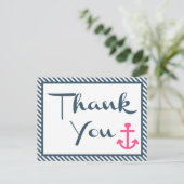 Nautische dank u roze anker marine blauwe strepen briefkaart (Staand voorkant)