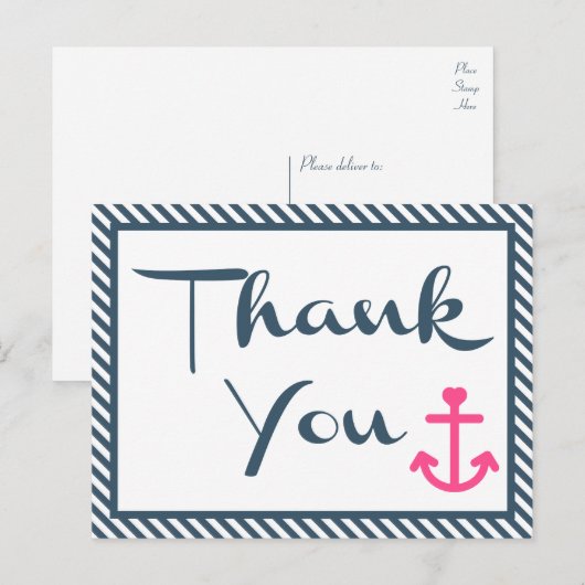 Nautische dank u roze anker marine blauwe strepen briefkaart (Voorkant / Achterkant)