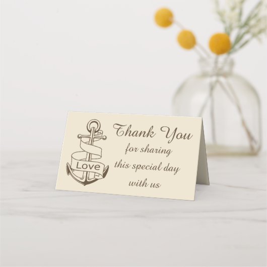 Nautische dank u schip anker bruine bruiloft liefd plaatskaartje (Voorkant)