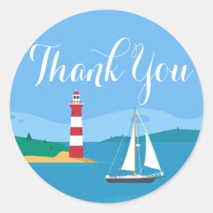Nautische Dank U Vuurtoren & Zeilboot Blauw Ronde Sticker