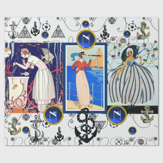 NAUTISCHE DECO BEAUTY MODE BLUE GEM MONOGRAM CADEAUPAPIER (Vlak)