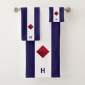 Nautische diamant & monogram op blauw & wit bad handdoek (Insitu)