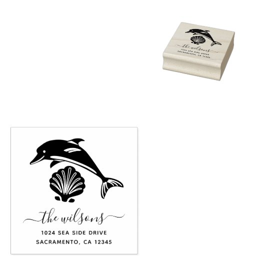 Nautische Dolfijn & Seashell Retouradres Rubberstempel (Gestempeld)