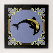 Nautische dolfijnensilhouet/goud/zwarte jigsa legpuzzel (Horizontaal)