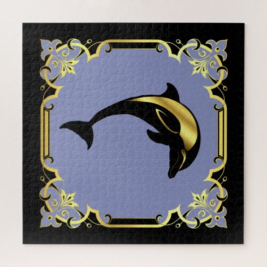 Nautische dolfijnensilhouet/goud/zwarte jigsa legpuzzel (Horizontaal)
