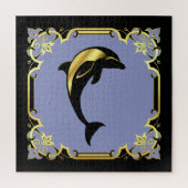 Nautische dolfijnensilhouet/goud/zwarte jigsa legpuzzel (Verticaal)