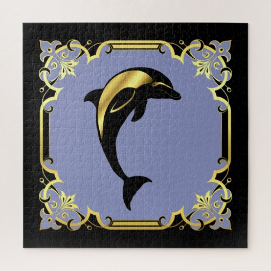 Nautische dolfijnensilhouet/goud/zwarte jigsa legpuzzel (Verticaal)