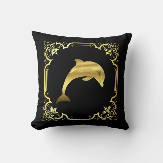 Nautische dolfijnspringen silhouet/goud/zwart kussen (Voorkant)