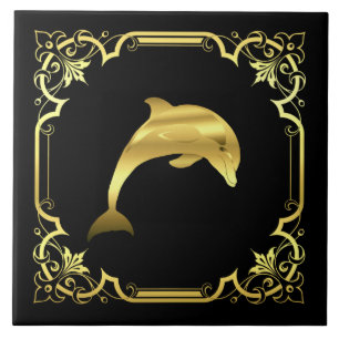 Nautische dolfijnspringen silhouet/goud/zwart tegeltje