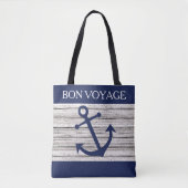 nautische donkerblauwe ankers op houten patroon tote bag (Voorkant)