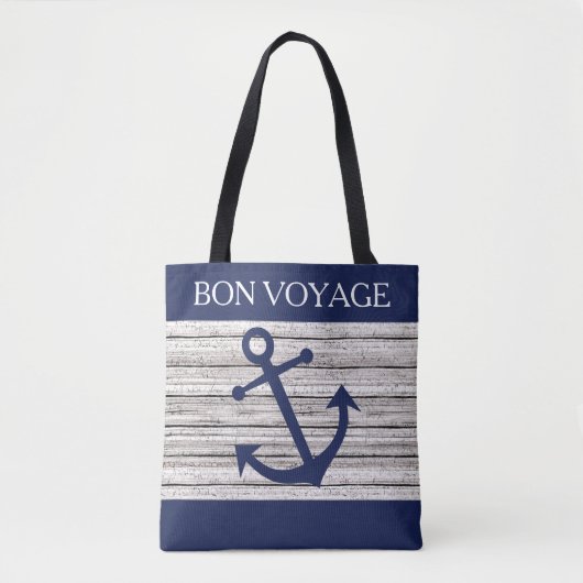 nautische donkerblauwe ankers op houten patroon tote bag (Voorkant)