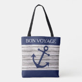 nautische donkerblauwe ankers op houten patroon tote bag (Achterkant)