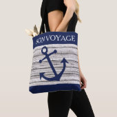 nautische donkerblauwe ankers op houten patroon tote bag (Dichtbij)