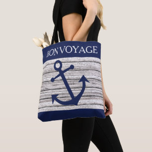 nautische donkerblauwe ankers op houten patroon tote bag