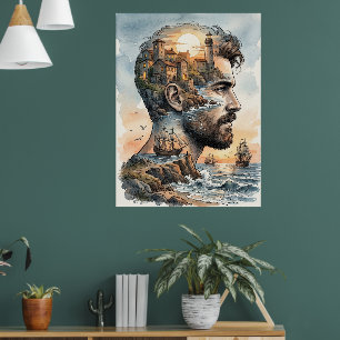Nautische Dubbele Belichting Aquarel Mansilhouet Poster