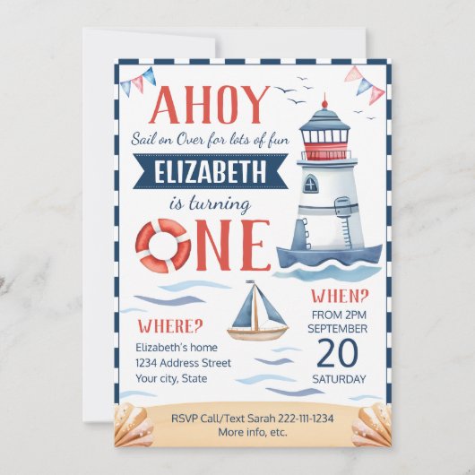 Nautische eerste verjaardagsfeestuitnodiging kaart (Voorkant)