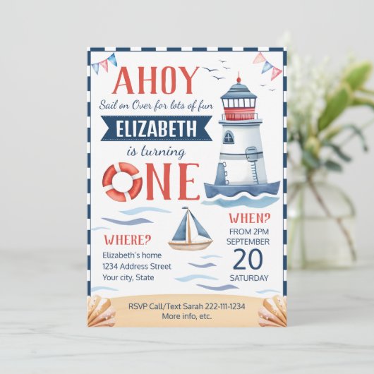 Nautische eerste verjaardagsfeestuitnodiging kaart (Staand voorkant)