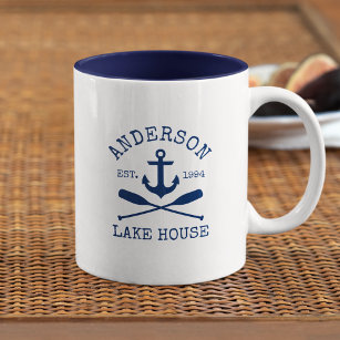 Nautische familienaam Lake House Blauw anker rieme Tweekleurige Koffiemok