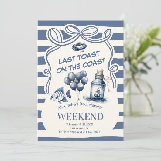 Nautische fles en ballonnen Coastal Bachelorette Kaart (Staand voorkant)