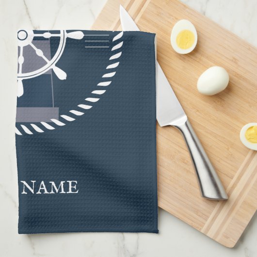 Nautische gepersonaliseerde Bootnaam Navy Blue Theedoek (Quarter Fold)