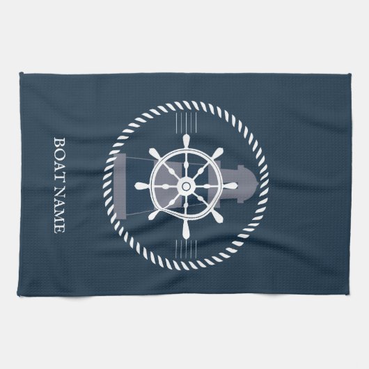 Nautische gepersonaliseerde Bootnaam Navy Blue Theedoek (Horizontaal)