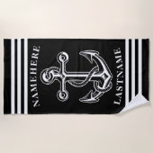 Nautische gepersonaliseerde naam zwart anker met t strandlaken (Voorkant)
