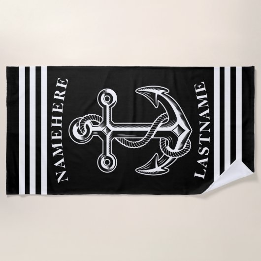 Nautische gepersonaliseerde naam zwart anker met t strandlaken (Voorkant)