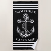 Nautische gepersonaliseerde naam zwart anker met t strandlaken (Voorkant)