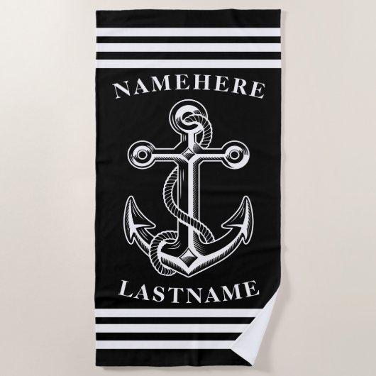 Nautische gepersonaliseerde naam zwart anker met t strandlaken (Voorkant)